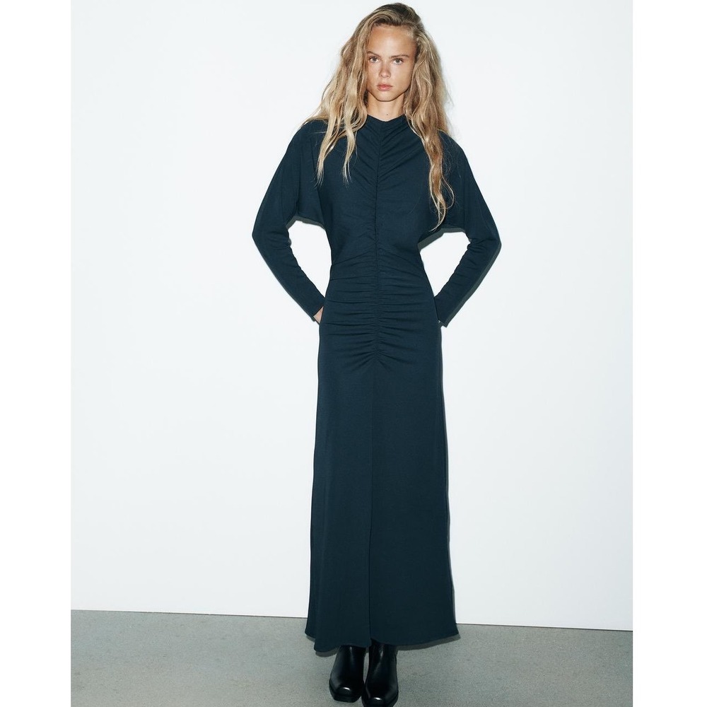 Zara Ruched Long Sleeve Maxi Dress Petrol Blue 5039/843/490 Womens Small NEW